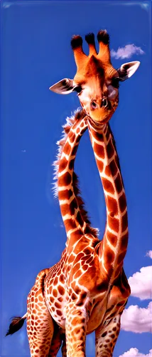 Giraffe, flying, wings spread wide, soft feathers, brown spots, long neck, gentle face, smiling, blue sky background, fluffy white clouds, warm sunlight, 3/4 composition, shallow depth of field, cinem