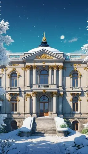 A big abandoned palace in a location with lots of snow and local vegetation.  ,a large castle like building surrounded by snow,rahxephon,precure,grand master's palace,winter house,mansion,palladianism