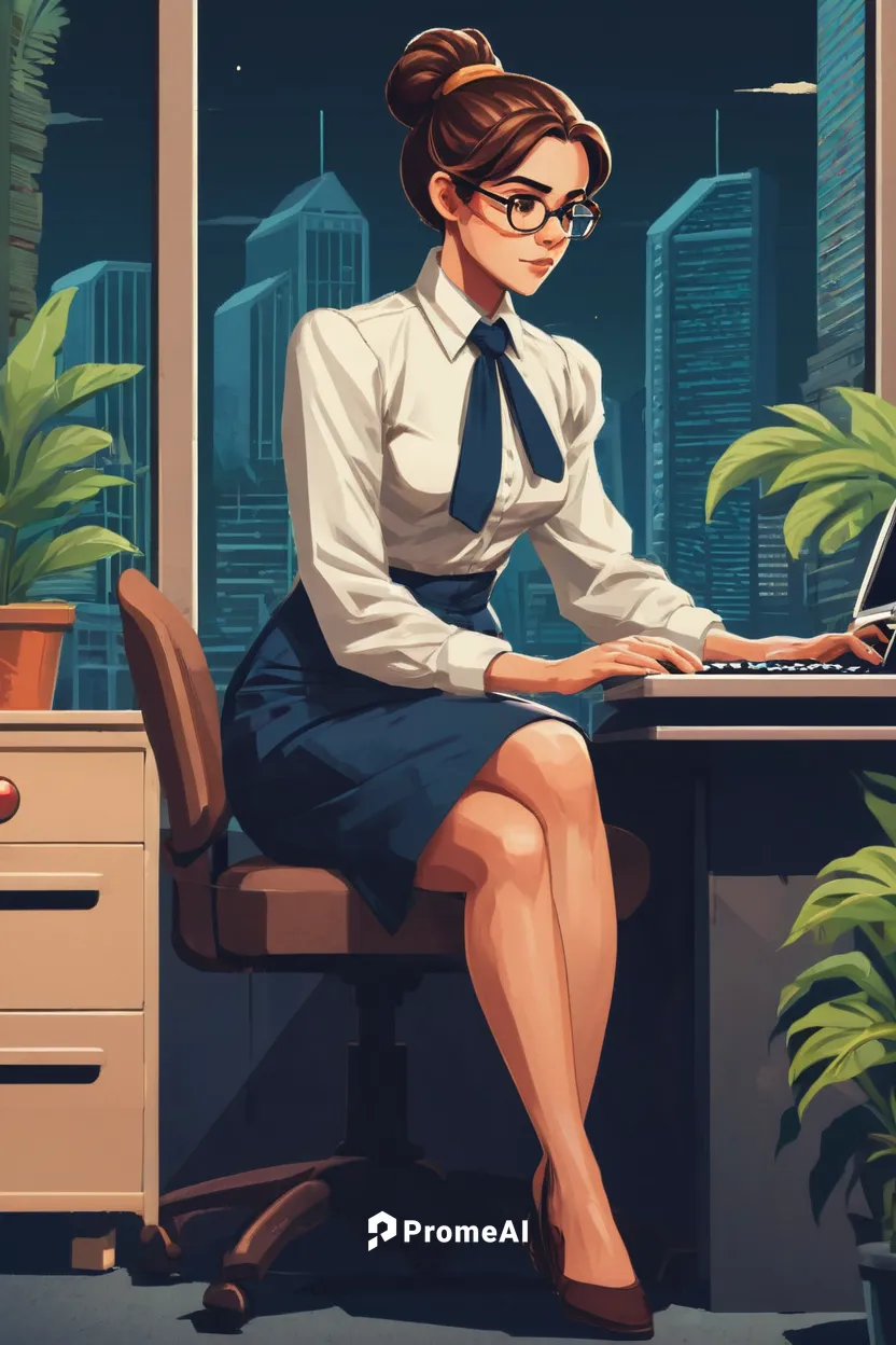 office lady, sitting pose, glasses, brown hair in a bun, light makeup, modest bust, slim waist, crossed legs, formal attire, skirt suit, action typing on a laptop, fabric texture, smooth, environment 