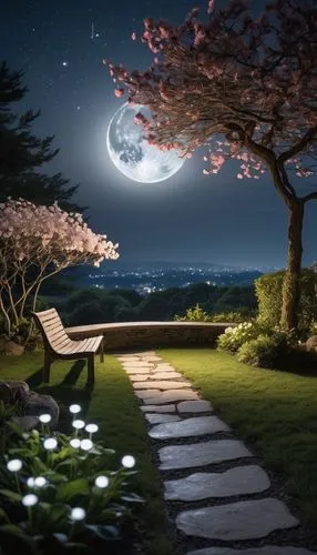 moonlit night,japan's three great night views,night-blooming jasmine,moon and star background,landscape background,night image,night scene,garden bench,fantasy picture,photo manipulation,nightscape,astronomy,moonlit,stone bench,landscape lighting,photomanipulation,the night sky,secret garden of venus,home landscape,photoshop manipulation,Photography,General,Realistic