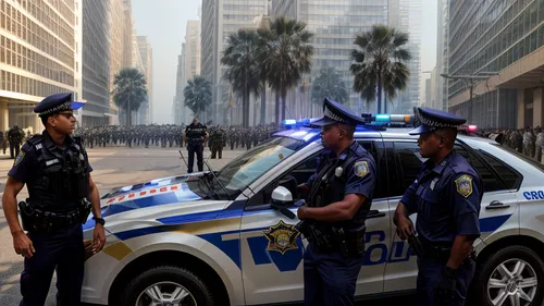 close-up image of two police men taking refuge behind a patrol car while they watch a sorcerer man who is at the end of the streetd,police uniforms,police officers,police force,the cuban police,police