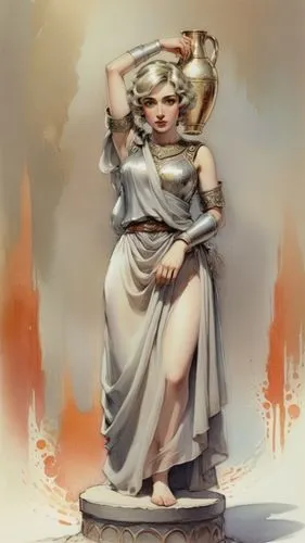 greek woman, short hair, big lips, big eyes, thick silk fabric, woman in armor, pitcher, long dress,paper based drawing 29, greek woman with pitcher,pythia,messalina,penthesilea,hypatia,clytemnestra,l