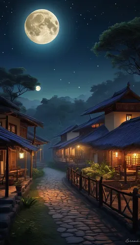 moonlit night,mid-autumn festival,night scene,moonlit,japan's three great night views,tsukemono,ryokan,full moon,japan landscape,japanese architecture,moonlight,hanok,moonrise,world digital painting,japanese art,moon night,nightscape,lanterns,moon at night,evening atmosphere,Illustration,Realistic Fantasy,Realistic Fantasy 01