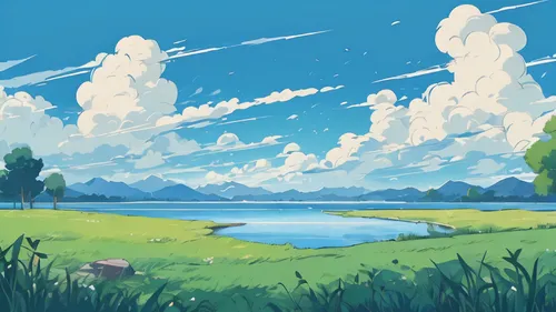 salt meadow landscape,small landscape,summer meadow,lake,meadow landscape,moraine,summer day,swampy landscape,plains,landscape background,wetlands,meadow,summer sky,lakeside,high landscape,river landscape,meadow in pastel,little clouds,small meadow,springtime background,Illustration,Japanese style,Japanese Style 06