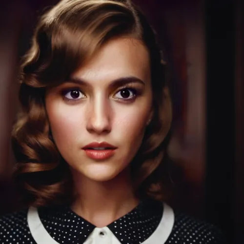 wearing a black polka dot dress with a white collar,lily-rose melody depp,audrey,eleven,british actress,daisy jazz isobel ridley,retro woman,retro girl,vintage girl,vintage female portrait,vintage wom