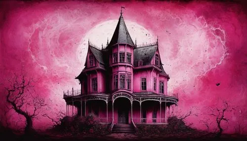 pink background, ROSE HOUSE,witch house,witch's house,the haunted house,haunted house,blood church,ghost castle,haunted castle,haunted cathedral,gothic style,dark pink,pink october,house silhouette,go