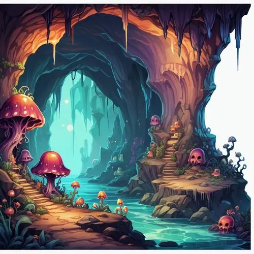 mushroom landscape,zoombinis,caverns,fairy village,mushroom island,fairy world,Illustration,Abstract Fantasy,Abstract Fantasy 11