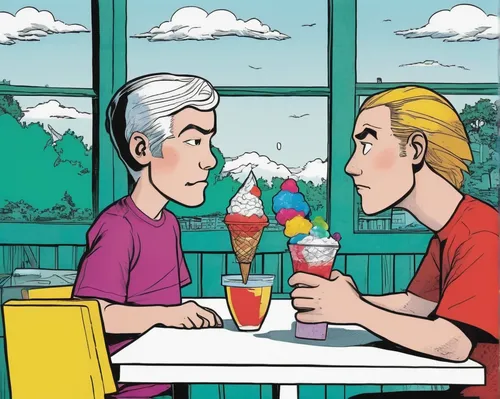 Craft a humorous dialogue between two friends arguing over who gets the last snowcone.,soda fountain,soda shop,snowcone,ice cream parlor,milkshakes,retro diner,ice cream shop,snow cone,frozen dessert,