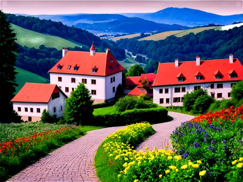 Scenic Germany, picturesque landscape, rolling hills, medieval castle, red-roofed houses, cobblestone streets, vibrant flowers, afternoon sunlight, soft focus, warm color tone, 3/4 composition, shallo