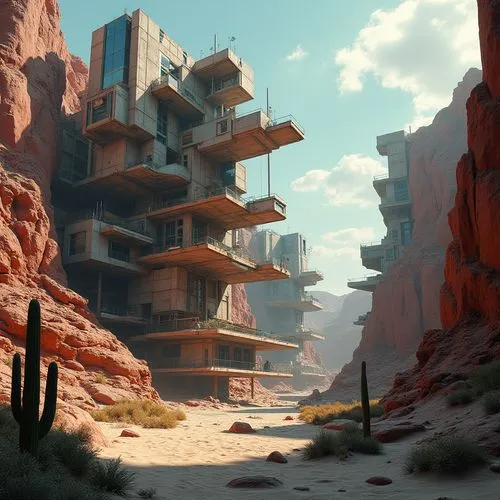 canyon,futuristic landscape,street canyon,canyons,desert landscape,the desert,desert desert landscape,arid landscape,wastelands,gulch,desert,virtual landscape,stone desert,mesa,environments,building valley,arid land,wasteland,futuristic architecture,outpost,Photography,General,Realistic