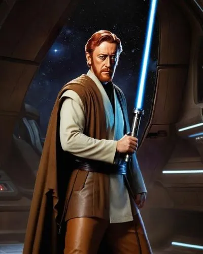 Make him full body, with Jedi Knight clothes, brown pants and brown leather boots. Retro sci-fi style.,obi-wan kenobi,lando,jedi,cg artwork,admiral von tromp,senate,luke skywalker,clone jesionolistny,