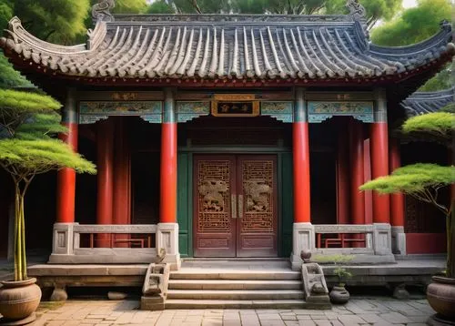 Ancient Chinese temple, intricately carved wooden doors, vibrant red walls, golden roof tiles, upturned eaves, majestic stone lions, ornate bronze door handles, peaceful courtyard, lush green bamboo, 