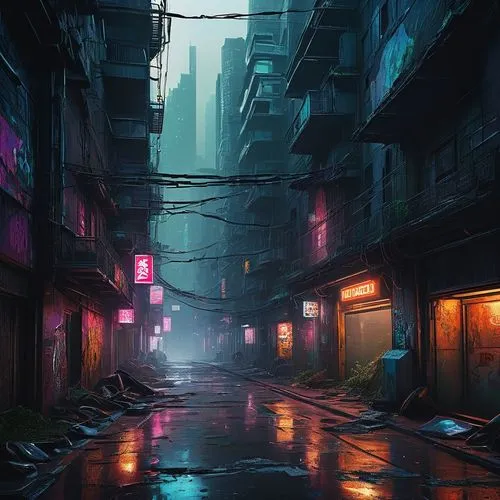 cyberpunk,alleyway,alley,slum,hanoi,alleyways,urban,cityscape,shanghai,kowloon,world digital painting,colorful city,sidestreet,cybercity,slums,cybertown,dystopian,guangzhou,mongkok,cyberscene,Conceptual Art,Fantasy,Fantasy 16