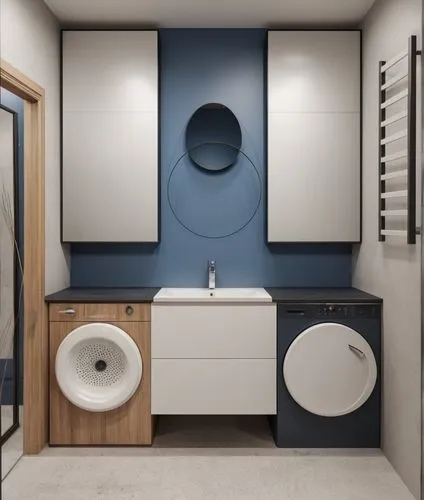 The bathroom is in a minimalist style with marble tiles in neutral colors. the furniture is decorated in an accent blue color with wooden inserts. a black towel rack, a white sink with a white faucet 