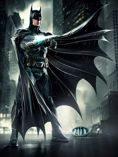 batman, perfect black, black, technological armor, with technological details, cinema image, high quality, in a gloomy gotham city, city at night, dark and spooky city,lantern bat,batman,bat,crime fig