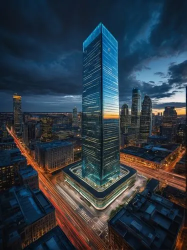 Modern skyscraper, stack overflow building, futuristic architecture, glass and steel structure, sleek lines, angular shapes, cityscape, metropolitan area, downtown, busy streets, pedestrians, cars, bu