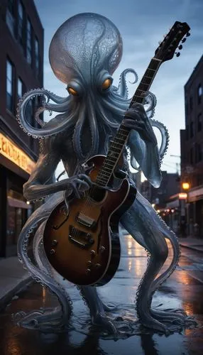 silver octopus,octobass,cephalopod,calamari,octopus,fun octopus,kraken,octopus vector graphic,cuthulu,cephalopods,crab violinist,squid,octopus tentacles,sea devil,guitar player,cello,tentacles,musician,art bard,street musician,Photography,Artistic Photography,Artistic Photography 11