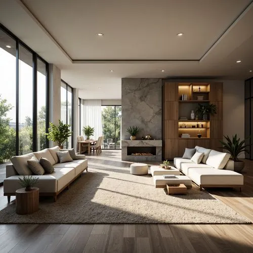 Modern minimalist living room, sleek low-profile furniture, spacious open-plan layout, functional workspace, ergonomic chairs, built-in shelving units, floor-to-ceiling windows, natural light pouring 