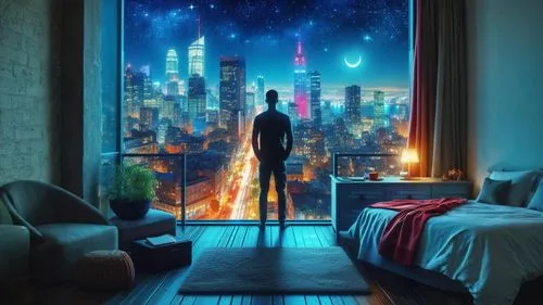 superhero background,sky apartment,bedroom window,world digital painting,sleeping room,homelander,night scene,nightclothes,photomanipulation,insomniac,escapism,hotel man,fantasy picture,photo manipulation,sci fiction illustration,beautiful wallpaper,dream world,space art,nuit,photoshop manipulation