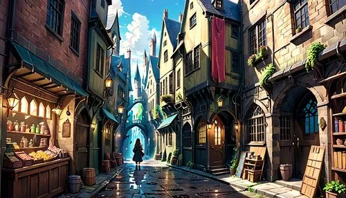 fantasy city,3d fantasy,hogwarts,medieval street,hamelin,fantasy world,medieval town,fantasy picture,medieval architecture,fantasy landscape,fantasy art,magical adventure,world digital painting,old town,fairy tale,knight village,apothecary,cartoon video game background,narrow street,fairy tale castle,Anime,Anime,Realistic