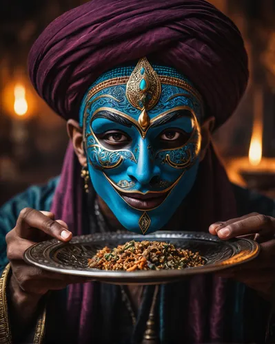 Djinn hiding his real face mask offering plate,rajasthani cuisine,maharashtrian cuisine,nepalese cuisine,indian cuisine,traditional food,ayurveda,sri lankan cuisine,bahian cuisine,indian spices,masala