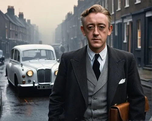 Young Alec Guinness, 20s, slender build, gentle smile, bright brown eyes, messy brown hair, minimal facial hair, elegant suit, white dress shirt, black tie, holding a worn leather briefcase, standing,