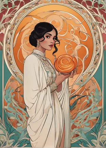 mucha,art nouveau,art deco woman,art nouveau design,alfons mucha,rosa ' amber cover,art nouveau frame,orange blossom,woman holding pie,candlemaker,zodiac sign libra,art deco ornament,cayenne,art deco,torch-bearer,zoroastrian novruz,mandarin orange,woman eating apple,fire siren,jasmine,Illustration,Retro,Retro 08