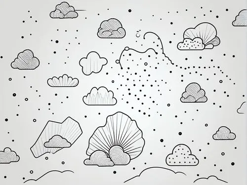 an artistic drawing with clouds and seashells,raincloud,cloud mountain,umbrella pattern,paper clouds,cloud mushroom,rain cloud,Illustration,Black and White,Black and White 04