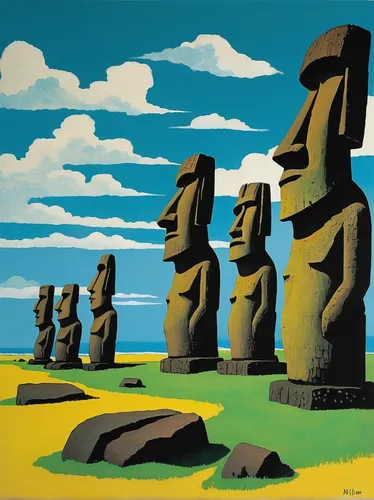 easter islands,easter island,the moai,moai,rapa nui,stone figures,rapanui,stone statues,megaliths,travel poster,african art,cool woodblock images,ancient civilization,egypt,pharaohs,egyptology,ancient people,the sculptures,neo-stone age,ancient egypt,Art,Artistic Painting,Artistic Painting 09