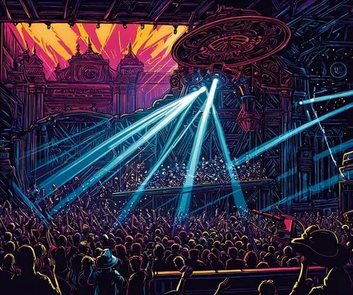 an auditorium full of lights and people watching them,belasco,concert crowd,orpheum,radio city music hall,fox theatre,concert,Illustration,Realistic Fantasy,Realistic Fantasy 25