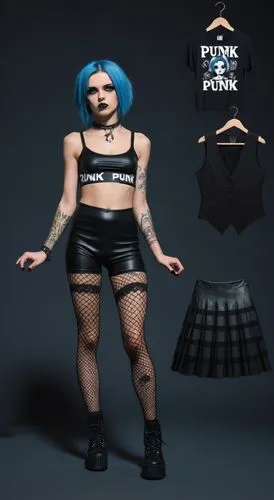 Paper doll 2d cartoon punk blue haired girl in black sleeveless shirt , black spandex shorts, complete full length fishnet and black punk knee Boots, standing surrounded by with a set of punk fashion 