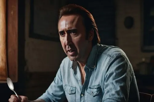 Nicolas Cage, holding spoon, close-up facial expression, detailed wrinkles, piercing brown eyes, grayish-brown hair, casual wear, plain white shirt, dark blue jeans, sitting, wooden table, dimly lit, 