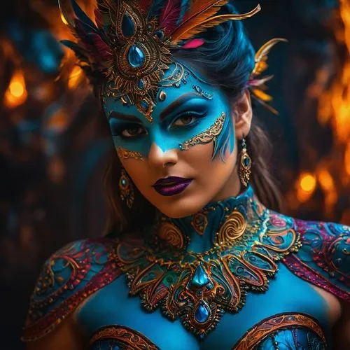 Bodypaint com  cores eletricas,, imagem super realista e muito detalhada,sinulog dancer,brazil carnival,blue enchantress,masquerade,venetian mask,asian costume,garuda,warrior woman,body painting,bodyp