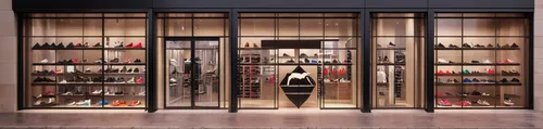  puma shoes store with a logo on center and having dynamic displays for shoes and advertisements shoe  with crowd noticing it also the window displays are creative  shoes as display where interior isn