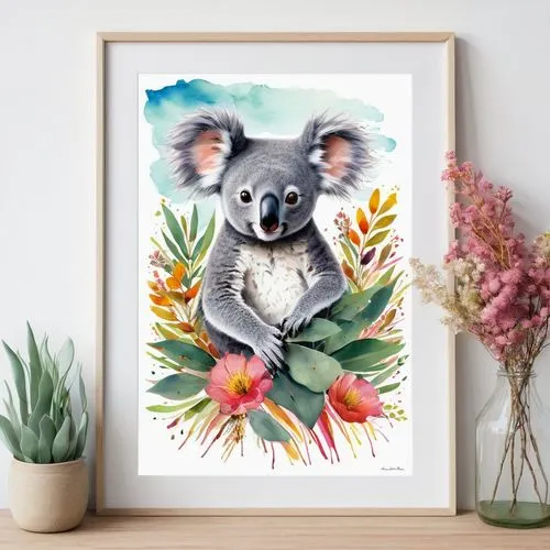 Design a lively wall art piece showcasing a koala perched in a eucalyptus tree. Include lush green leaves with splashes of bright colors from native flowers, and a serene yet vivid sky. Use a combinat