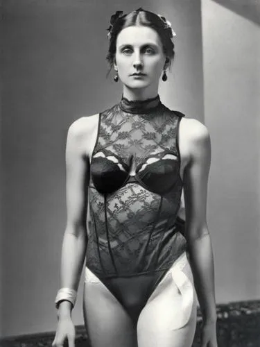 A single Mum on the catwalk, presenting underwear,the young woman in a lingerie is posing,jane russell-female,feldshuh,plisetskaya,weissmuller,bobkova,ingrid bergman,Photography,Black and white photog