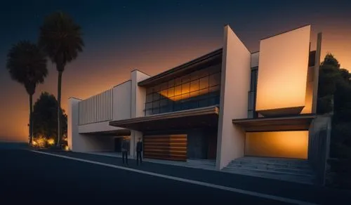 a building with a couple of people next to it,neutra,mid century house,modern house,dunes house,fresnaye,corbu,eichler,mid century modern,3d rendering,modern architecture,art deco,midcentury,house sil