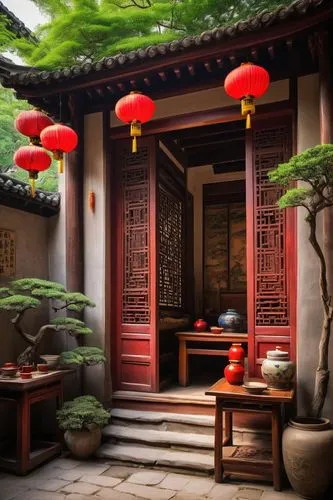 Traditional Chinese courtyard, artist's studio, architectural design, ancient cultural heritage, intricate carvings on wooden doors, vibrant red lanterns hanging from eaves, majestic stone lions guard