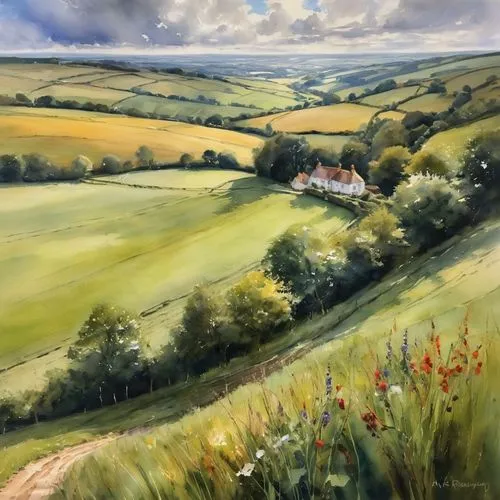 cissbury,meadow in pastel,turville,summer meadow,wildflower meadow,south downs,Illustration,Paper based,Paper Based 11