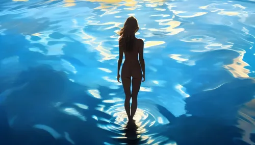 dubbeldam,submerged,midwater,mermaid silhouette,the body of water,reflection in water,Illustration,Realistic Fantasy,Realistic Fantasy 20