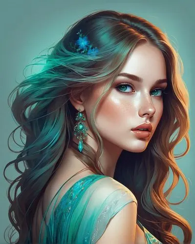 fantasy portrait,boho art,mermaid vectors,fantasy art,turquoise,mermaid background,color turquoise,world digital painting,romantic portrait,digital painting,girl portrait,jasmine blue,faery,portrait background,digital art,mystical portrait of a girl,jasmine,faerie,radha,romantic look,Illustration,Realistic Fantasy,Realistic Fantasy 15