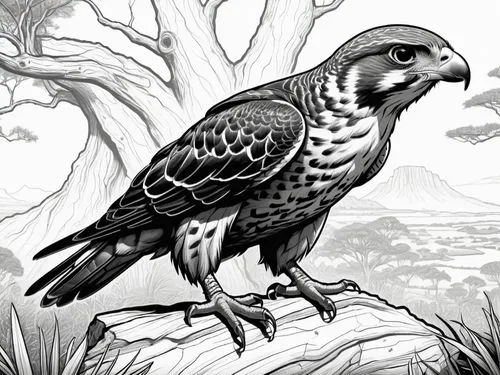 Line drawing of a falcon.in africa ,a bird sitting on top of a tree nch,haliaeetus,haliaeetus leucocephalus,eagle illustration,falconidae,haliaeetus pelagicus,mountain hawk eagle,Illustration,Realisti