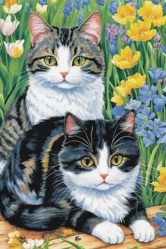 two cats,vintage cats,cattles,flowers png,cat image,buttercups,american shorthair,felines,flower cat,twin flowers,cat lovers,calico cat,cats,springtime background,two tulips,flower painting,cat family,cartoon flowers,american wirehair,flower animal,Illustration,Japanese style,Japanese Style 13