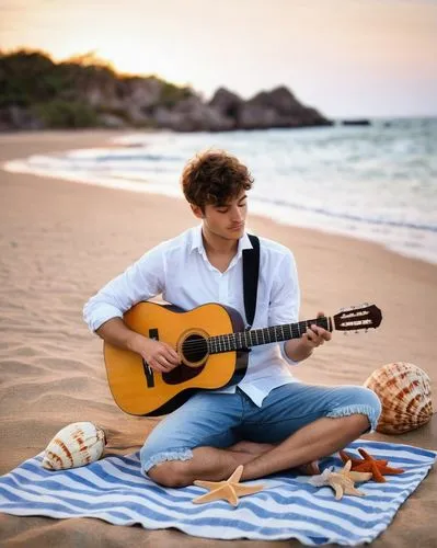 sunset, beach, warm golden light, gentle ocean waves, serene atmosphere, a musician, young adult, male, casual wear, white shirt, blue jeans, sneakers, holding acoustic guitar, playing music, relaxed 