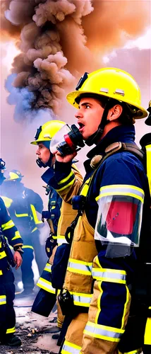 Fire drill scene, people evacuating, fire alarm blaring, emergency lights flashing, smoke billowing out, firefighters in helmets, yellow vests, hoses unwinding, serious facial expressions, hands cover