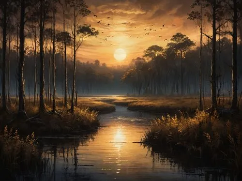 Dawn at the Marshes, sunrise, golden hour, beautiful colors.,swamps,swampy landscape,okefenokee,swamp,fantasy landscape,forest landscape,landscape background,alligator alley,bayou,marshlands,nature la