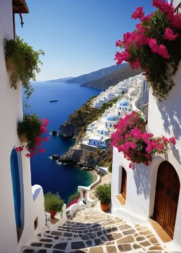 Whitewashed houses, blue-domed churches, narrow cobblestone streets, steep cliffs overlooking Aegean Sea, winding stairs, colorful bougainvillea flowers, ornate doorways, wooden shutters, balconies wi