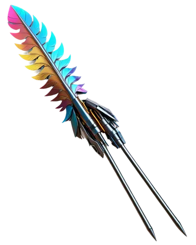 Dart, metallic material, sharp tip, colorful feathers, thin stem, weighted tail, professional design, high-quality texture, close-up shot, shallow depth of field, warm lighting, 3/4 composition, reali