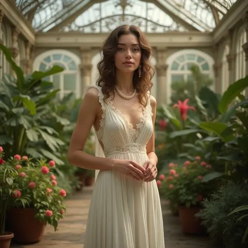 girl in a long dress,elegante,elegant,elegance,tahiliani,conservatory,girl in white dress,a floor-length dress,amazonica,dahlia white-green,greenhouse,saoirse,white winter dress,bahai,merhi,long dress,vintage dress,girl in the garden,flora,mademoiselle,Photography,General,Realistic