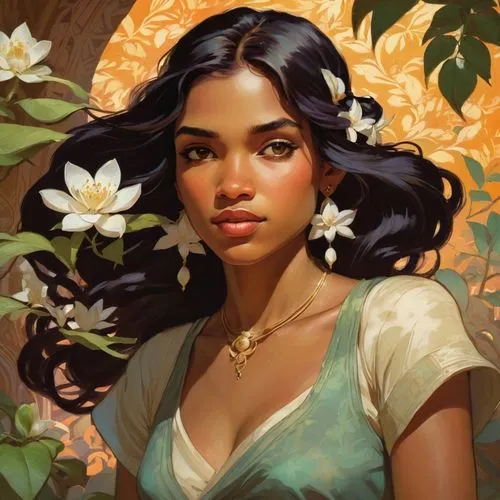 jasmine blossom,a beautiful jasmine,jasmine,jasmine flowers,jasmine flower,west indian jasmine,polynesian girl,moana,indian jasmine,jasmine-flowered nightshade,rosa ' amber cover,jasmine bush,summer jasmine,fantasy portrait,wild jasmine,magnolia,tiana,farmer's jasmine,star jasmine,flora,Conceptual Art,Fantasy,Fantasy 18